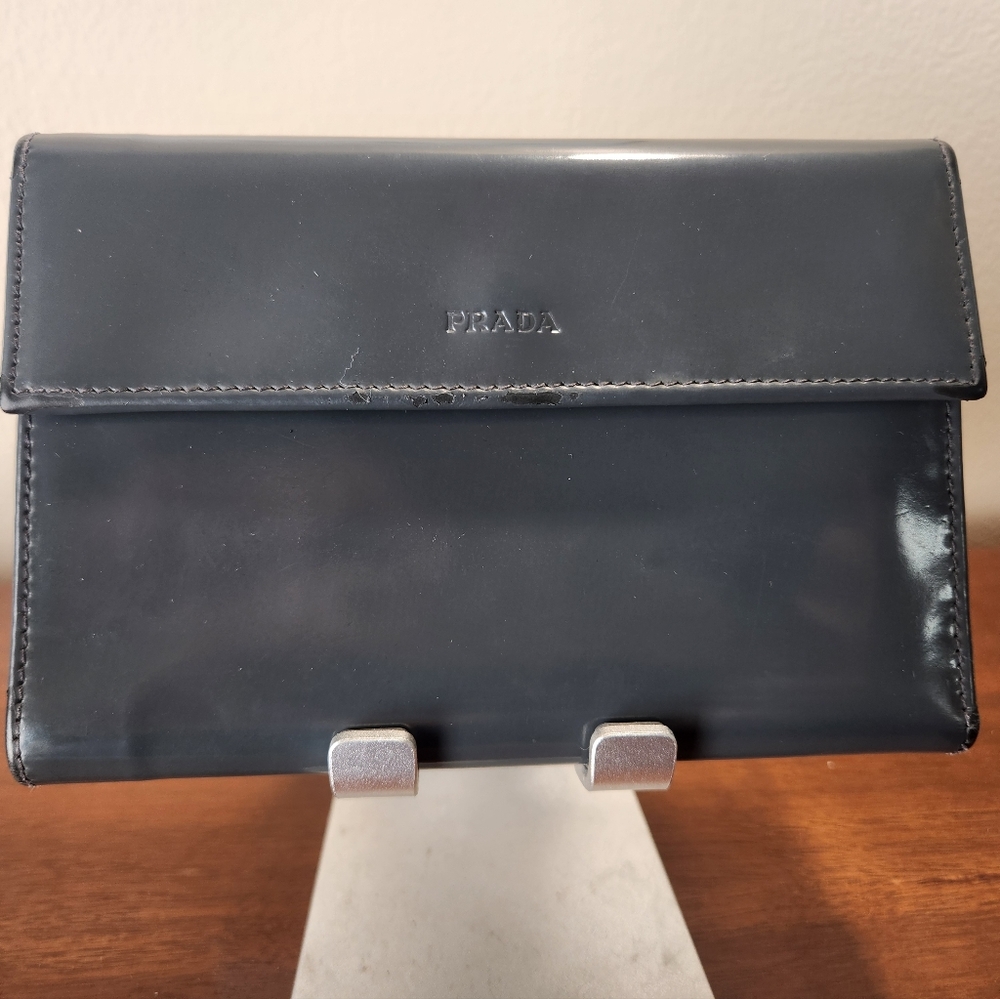 Prada Vintage Slate Gray Patent Leather Envelope Wallet
